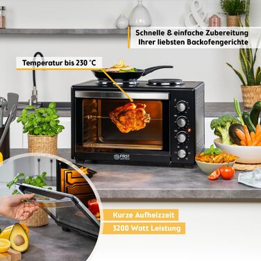 Міні-піч TZS First Austria 45L з плитами 3200 Вт - піч для піци з антипригарним покриттям, 4 рівні та аксесуари
