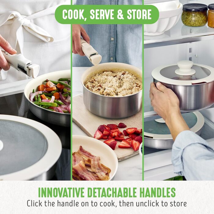 Набір кухонного посуду GreenLife 10 предметів з антипригарним покриттям, знімними ручками та функцією складання. Безпечний, не містить PFAS, підходить для індукційних плит, економія місця, сервіровочні миски.