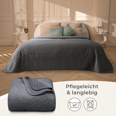 Преміум ковдра-плед Grafensteyn 200x220 см – м'яка, безшовна стежка, дизайн листя, велюрова тканина – для ліжка та дивану (антрацитовий)