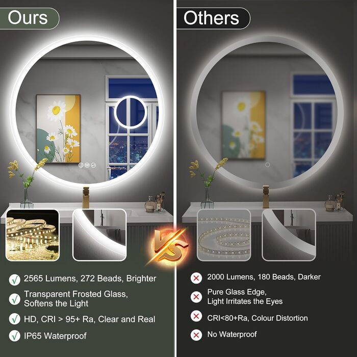 Дзеркало для ванної кімнати S'bagno Runder з підсвічуванням 60 см, з протитуманним ефектом, регульованою яскравістю, HD-скло, функція пам'яті, IP44, Bluetooth, 5-кратна лупа, 80x80 см