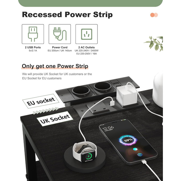 Нічний столик з бездротовою зарядкою, 2 розетки AC та 2 USB, з шухлядою, на колесах, чорний, білий