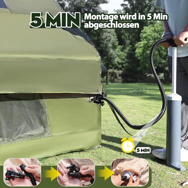 Надувний кемпінговий намет Oxford 420D для 7-10 осіб з насосом, водонепроникний (3000 мм), 4 сезони, з вікнами-москітними сітками та димоходом 400x300x200 см