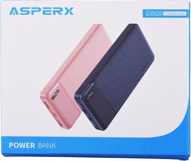 Набір AsperX Power Bank 2 шт. и, 10000 мАг, USB-C, тонкий і міцний, зовнішній акумулятор (рожевий/темно-синій)