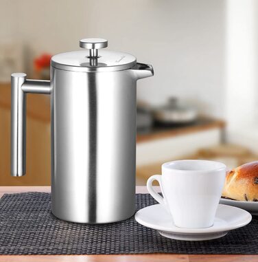 Кавоварка French Press Rosenstein & Söhne з нержавіючої сталі, 1 л, з подвійними стінками, для приготування кави та спінювання молока