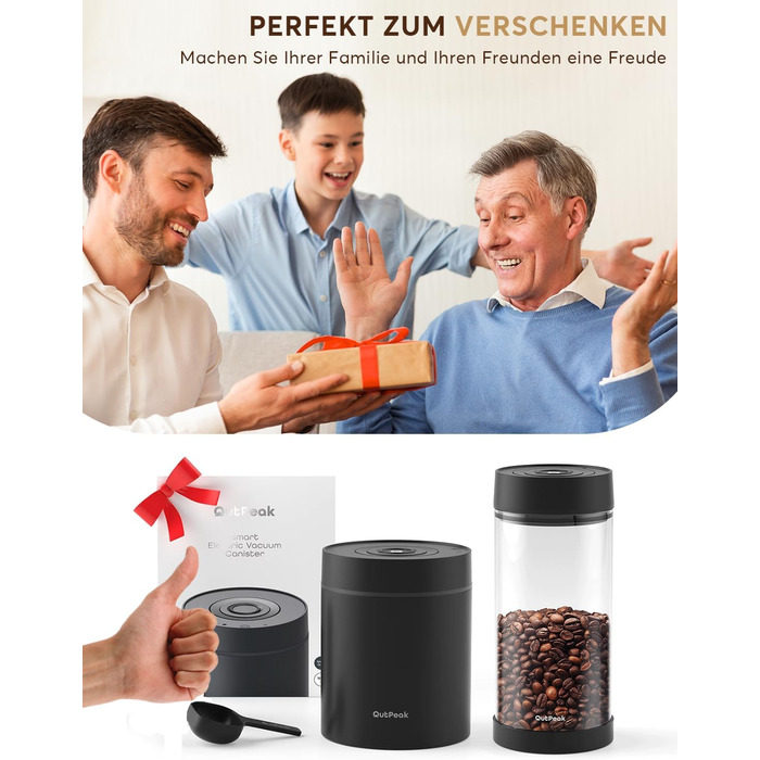 OUTPEAK Neo 2025 Kilo Auto-Vakuum-Kaffeedose: Контейнер для кави з авто-вакуумним насосом, 1,5 л, для 500 г кавових зерен, з кнопкою, з нержавіючої сталі, для бариста, подарунок (великий, матовий чорний)