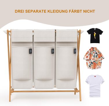 Кошик для білизни AdelDream з 3 відділеннями, 150л, бамбук, сірий