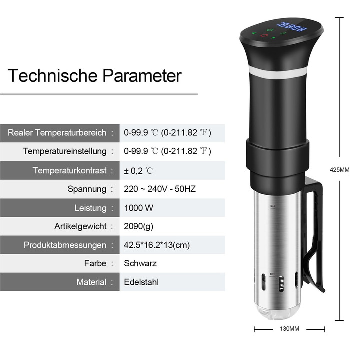 Су-від кухонний прилад з нержавіючої сталі, су-від стик, повільна варка з LED дисплеєм, 1000W, точне регулювання температури та таймер, з кулінарною книгою, сірий