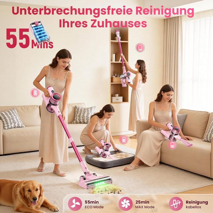 Акумуляторний пилосос Dzaki 50000 Па з дисплеєм, підставкою, довгою роботою та щіткою проти заплутування для килимів, твердих підлог, шерсті тварин, авто - помаранчево-рожевий