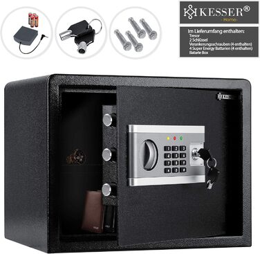 KESSER® Електронний сейф | 38x30x30 см | з батарейним відсіком | Вбудоване освітлення | Настінний/підлоговий сейф | Чорний