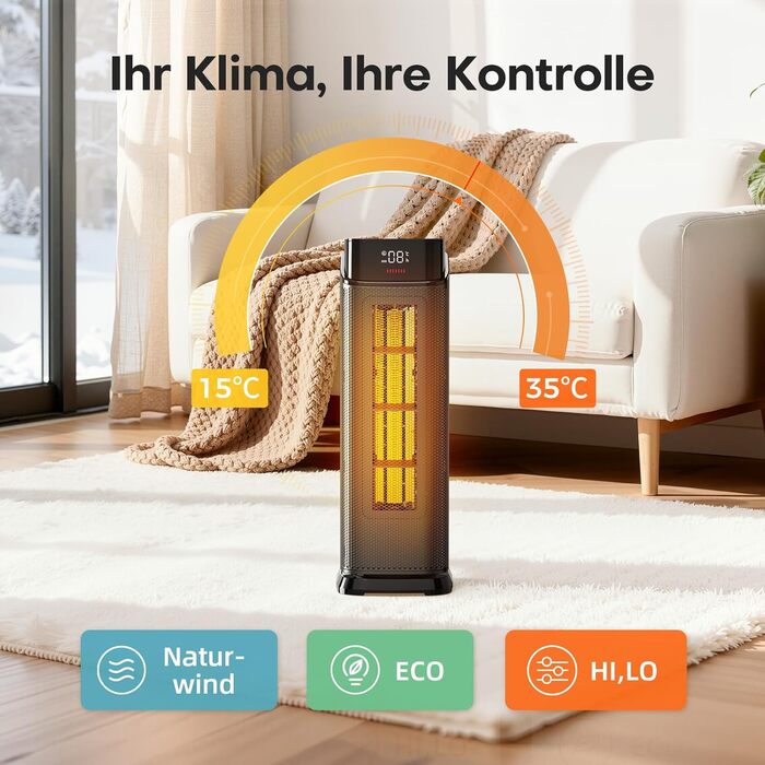 Електричний обігрівач QEXREED 2000W з PTC, 4 режими, ECO, осциляція 90°, таймер 24г, пульт, тихий, захист від перегріву та перекидання