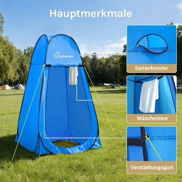 Складана душова кабіна-намет WolfWise для кемпінгу та переодягання, водонепроникний намет-туалет з UV-захистом, компактний та легкий (1,9м x 1м), синій