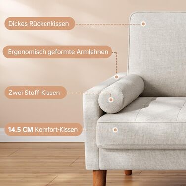 Диван Vesgantti 2-місний, 121 см, сучасний дизайн, з 2 подушками, для вітальні/квартири/офісу, тканина льон, колір пісочний