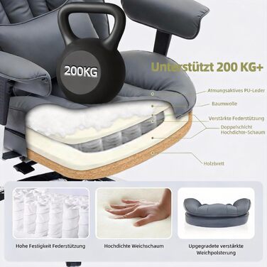 Офісне крісло Efomao X-Stickerei для дому та офісу, шкіряне (PU) для великих та високих, з регульованою спинкою, підставкою для ніг та підтримкою попереку, чорне, до 200 кг