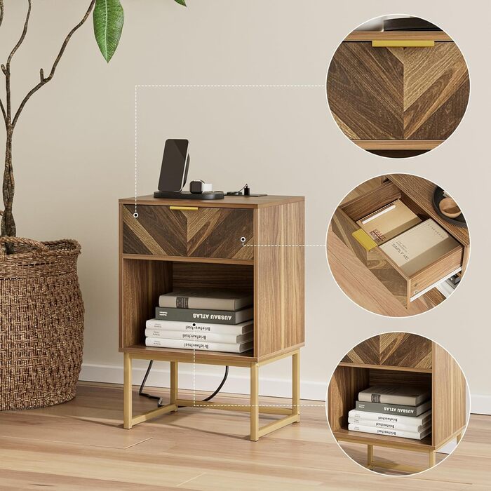 Приліжкові столики з відкритим відсіком, журнальний столик для спальні та вітальні (горіх) (30 x 40 x 60 см з розеткою, горіх)