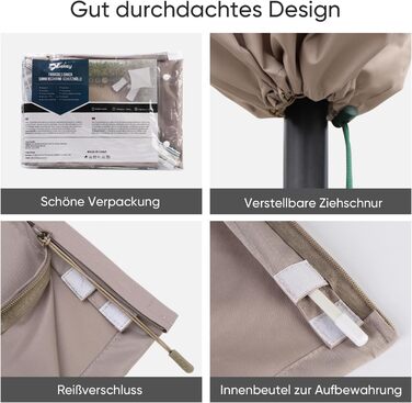 Захисний чохол для садово-паркового парасоля Sekey з вентиляційними отворами, 100% поліестер, водонепроникний, 190 x 30/50 см, хакі