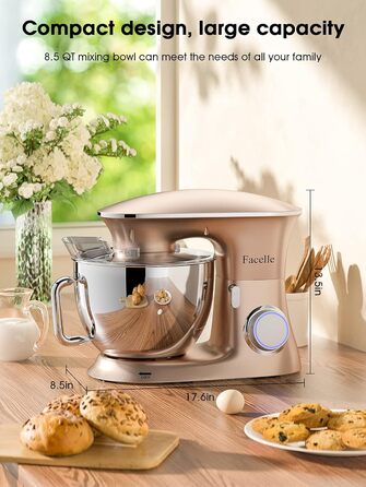 Кухонна машина-міксер Facelle 2000W з чашею 8,5L (6+ швидкостей) для випічки, тіста, міксування, з набором насадок (снігобій, гак для тіста, вінчик) та захистом від бризок, колір Champagne