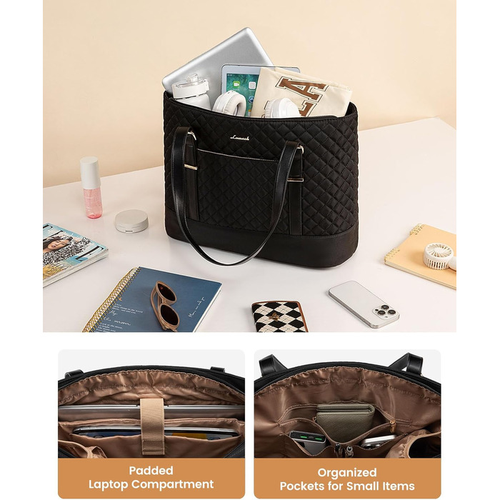 Сумка для ноутбука LOVEVOOK 15.6/17.3 дюйма, жіноча, з відділенням для ланчу, чорна, для офісу, навчання, ділових поїздок