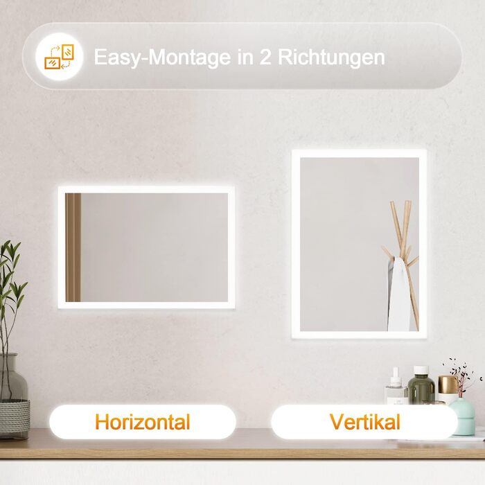 LED дзеркало для ванної кімнати Boromal 40x60 см з підсвічуванням та вимикачем, 6500K, холодний білий світ, Стиль Jb