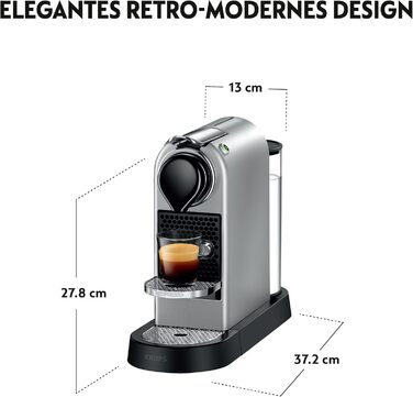 Кавомашина Nespresso Krups CitiZ XN741B, срібна: автоматична, 1260 Вт, 1 л резервуар