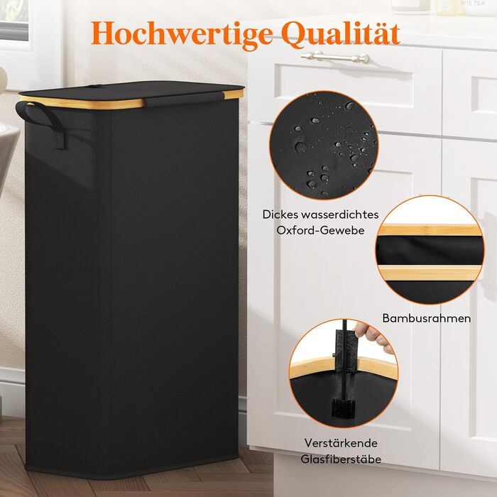 Кошик для білизни LifeWit з кришкою, вузький, складний, 75л, бамбук, з ручкою, чорний