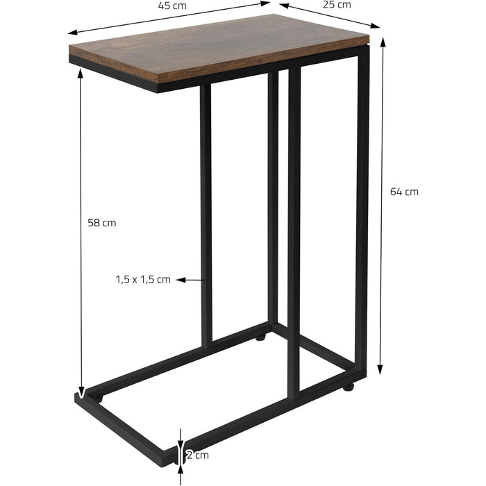 Журнальний столик ML-Design С-подібної форми, 45x25x64 см, металевий каркас і дерев'яна стільниця, під диваном, промисловий дизайн, журнальний столик Стіл для вітальні Журнальний столик Приліжковий столик Тумбочка Столик для ноутбука (чорний - вінтажний к