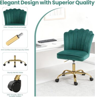 Крісло для офісу Fiximaster Homeoffice, крісло для робочого столу, обертове, регульоване по висоті, з м'якою оббивкою з велюру, золоті ніжки, для робочого кабінету, спальні, до 135 кг, зелене