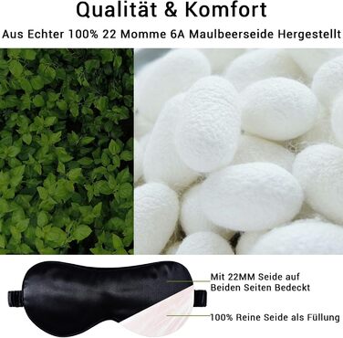 Сліпиця для сну з 100% натурального шовку 22 Momme, для комфортного сну та повного затемнення. Шовкова сліпиця з еластичним ремінцем, наповнена чистим шовком (Морська синя) (Чорний - Реальний 22 мм)