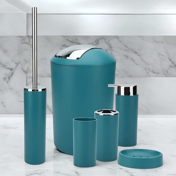 Набір аксесуарів для ванної кімнати 6tlg Badset: мильниця, стакан для зубних щіток, контейнер для косметики, щітка для унітазу з тримачем, мильниця, сміттєвий бак, тримач для зубних щіток, габардин для ванної (темно-бірюзовий дизайн 2a)