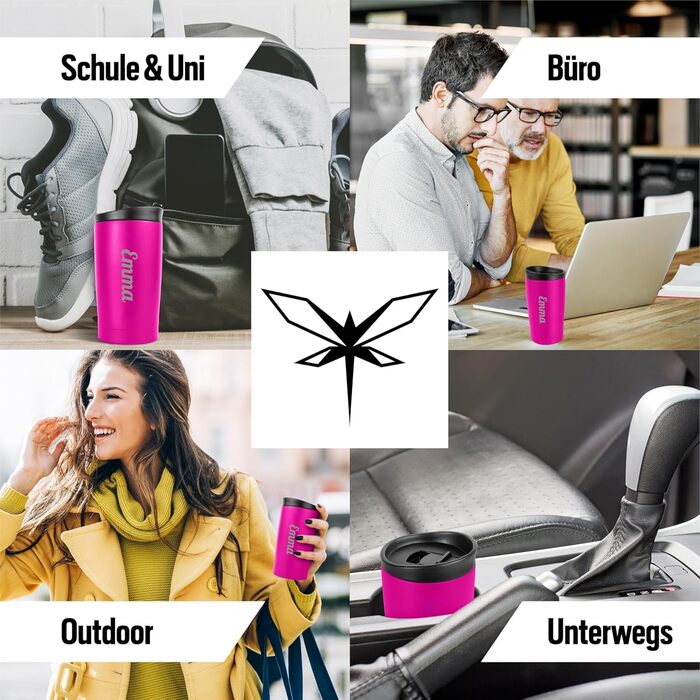 Термокухоль з персоналізацією, 350 мл, не протікає, з гравіюванням, чорна/рожева (з іменем)