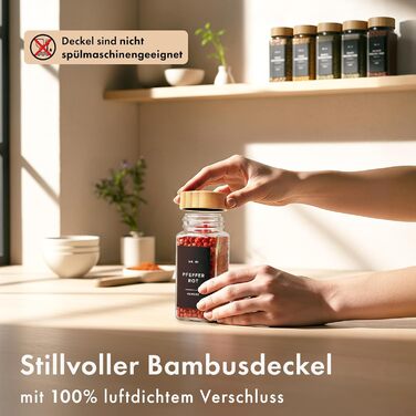 Набір бамбукових скляних баночок для спецій (24 x 120 мл) з ситечком та 240 етикетками. Організатор для спецій, контейнери для спецій, баночки для спецій. Розміри: 11x4,5 см