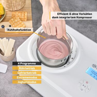 Електрична машина для приготування морозива TZS First Austria 1L з компресором 3 в 1 - для морозива, сорбету та замороженого йогурту. Включає мірний стакан та шпатель.