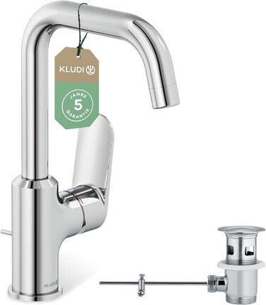 Змішувач для умивальника KLUDI-X1 з витяжною системою, поворотний на 360°, висота виливу 205 мм, водозберігаючий, розмір L, з підключенням, хром, з комплектом для зливу, хром