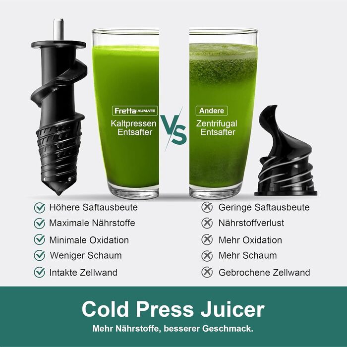 Електричний соковитискач Fretta Slow Juicer: холодний віджим, 76 мм, для овочів та фруктів, чорний