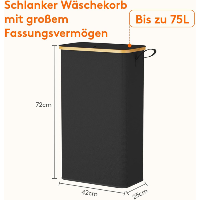 Кошик для білизни LifeWit з кришкою, вузький, складний, 75л, бамбук, з ручкою, чорний