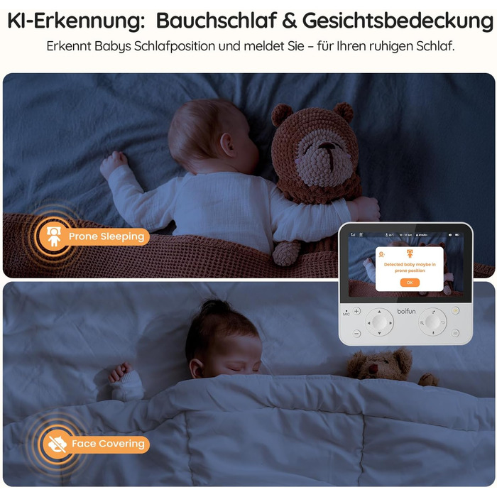 Відеоняня BOIFUN з камерою Wi-Fi 4MP, моніторинг через додаток, виявлення положення дитини, нічник, нічна зйомка, датчик руху/плачу/звуку, автотрекінг, сповіщення про вихід за межі зони