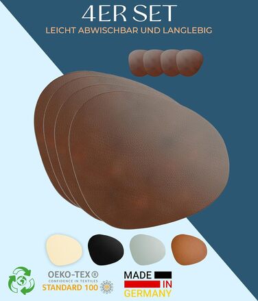 Набори серветок на стіл, 4 шт. – екологічні, стабільні та неслизькі – з преміальної еко-шкіри, Made in Germany (сучасний дизайн), темно-коричневий колір