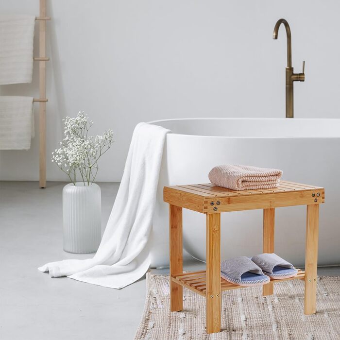 Банкетка для ванної кімнати VaeFae з бамбука, табурет для душу з підставкою для ніг та полицею для аксесуарів, для душу, ванної, вітальні, спа-салону, саду