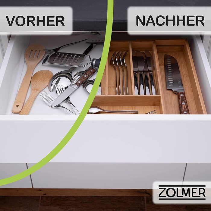 Ящик для столових приборів ZOLMER з бамбука - регульована за розміром вставка ящика з 5-7 відділеннями-Система впорядкування ящиків з