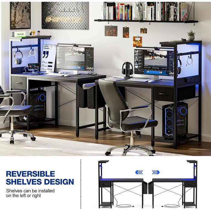 Ігровий стіл Grandder 120 см з розеткою та LED-підсвічуванням, комп'ютерний стіл з регульованими полицями та шухлядою, білий (100 x 50 см, карбоновий дизайн)