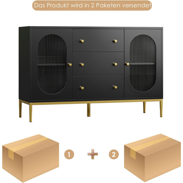 Буфет-комод FirFurd 120 см білий/чорний з робочою поверхнею та 3 ящиками | Кухонний буфет для кухні, вітальні, їдальні