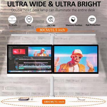 LED настільна лампа LOTTBUTY з регулюванням яскравості, 24W, 80см, для офісу та дому, з гнушим шийкою (біла)