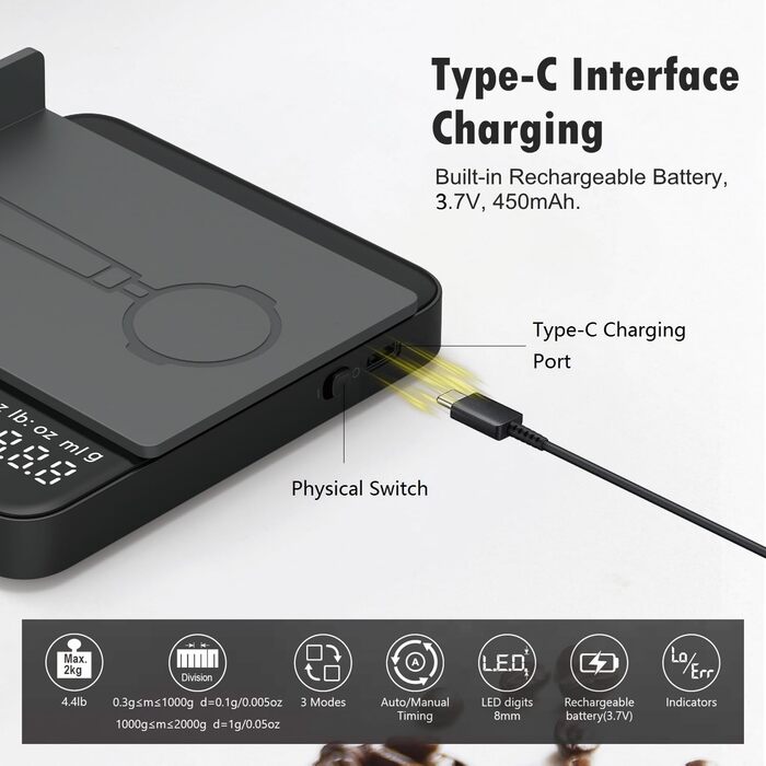 Ваги для кави NUTRI FIT Mini з таймером, USB-C, LED-дисплеєм, 2 кг/0,1 г, чорний