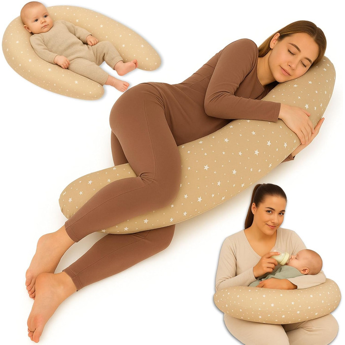 Подушка для вагітних Totsy Baby Stillkissen XXL 190 см - подушка для годування, боку, тіла, з бавовни, Oeko-Tex, бежево-біла зі зірками