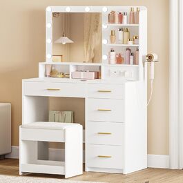 Дзеркальний туалетний столик Hzuaneri з LED-підсвіткою (10 LED), пуфом, великим дзеркалом, тримачем для фену та шухлядами, білий DT39003X