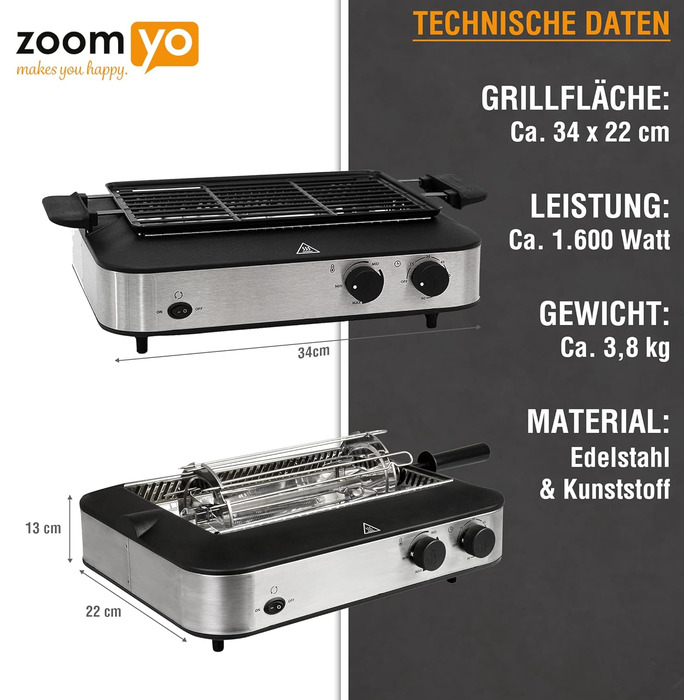 Мультиінфрачервоний гриль Zoomyo з паличкою для гриля, шампурами для шашлику, решіткою для гриля та багато іншого, гриль без диму навіть у приміщенні
