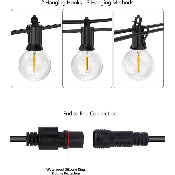 Світлодіодні струнні світильники для вулиці/приміщення, 2700K теплий білий IP65, G40 для саду, патіо, весіль, вечірок (18M)
