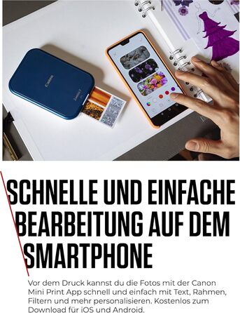 Canon Zoemini 2 Marineblau: Міні-принтер для фотографій, мобільний, компактний, з вбудованим акумулятором. Друкує фото 5x7,6 см зі смартфону/планшету. У комплекті: 20 шт. Zink паперу та 10 шт. круглих наліпок.