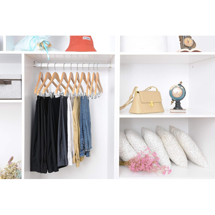 Дерев'яні вішалки для одягу з кліпсами, масивне дерево, вішалка для штанів, міцні металеві кліпси, поворотний гачок, для пальто, жакети, блузи, костюми (Натуральне дерево, 20 шт.)