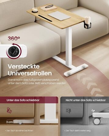 Приставний столик VASAGLE на колесах, мобільний, з великою стільницею, регульована висота, 2 тримачі для напоїв, слот для телефону/планшету, LSD600W01 (80x45 см, горіх золотистий)