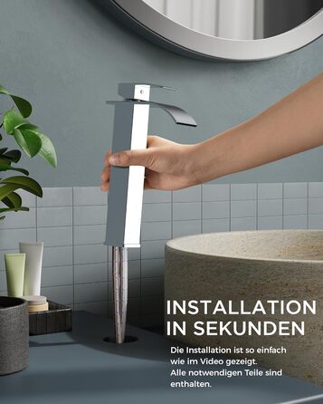 Змішувач для ванної кімнати FORIOUS з водоспадом, одноручний, для умивальника, хром, висота виливу 80 мм, економія води та енергії